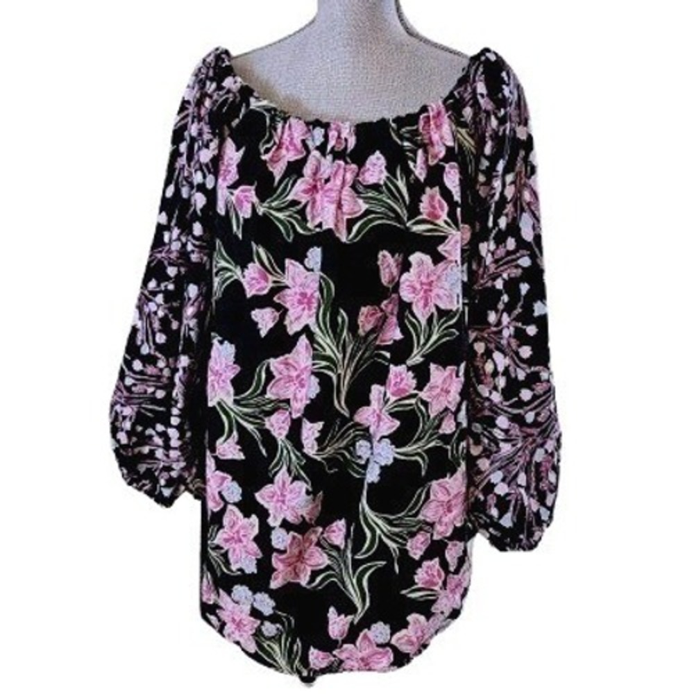 Free People Fairy Tunic Top L Dark Floral Off‎ Shoulder Puff Sleeve Boho Cottage